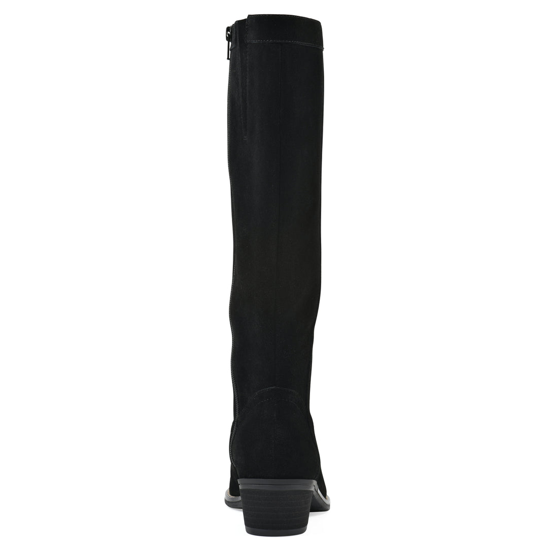 Rear view of a black suede tall boot with a low stacked, black heel, and tapered toe