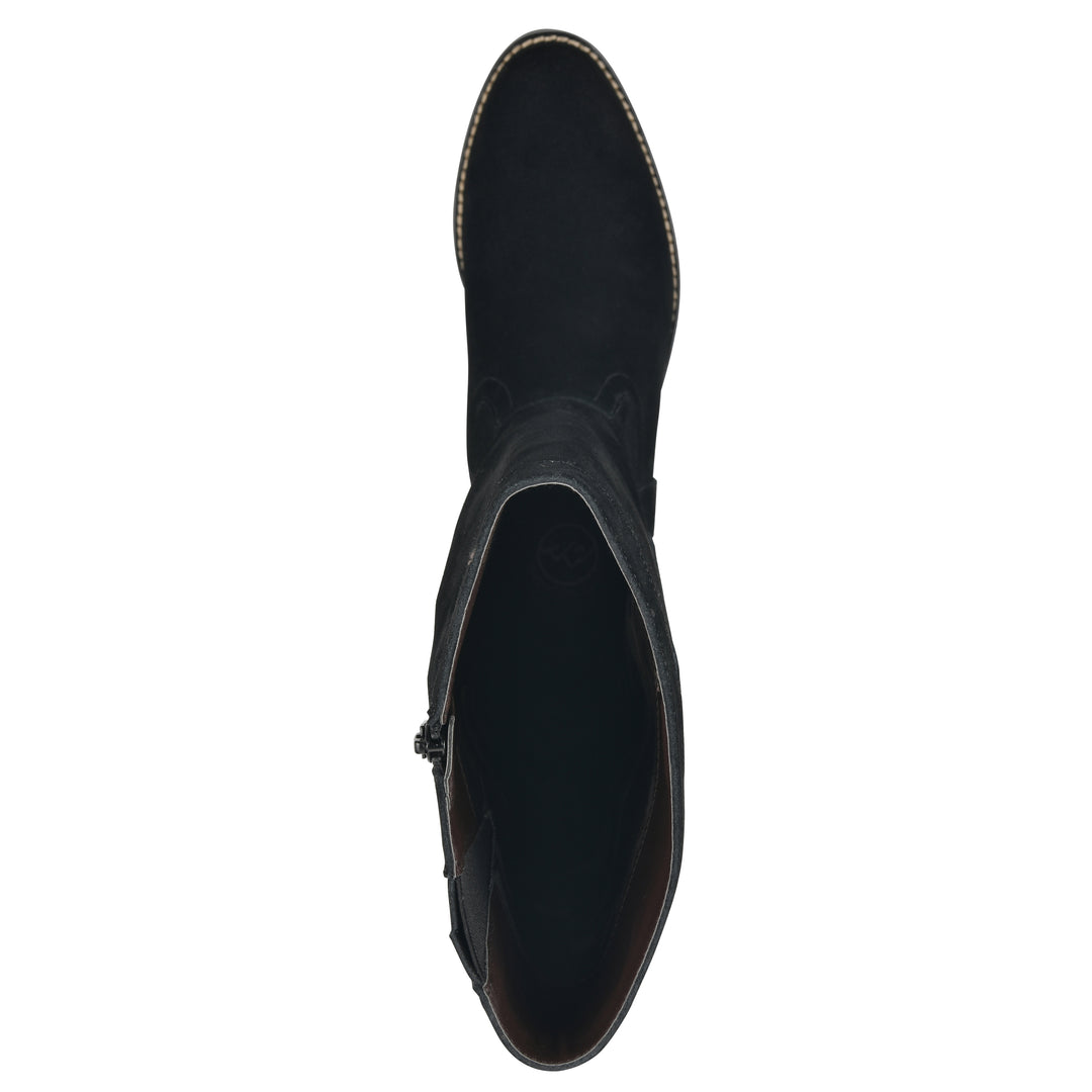 Top view of a black suede tall boot with a low stacked, black heel, and tapered toe 