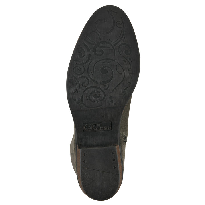 Sole view of an olive-green suede tall boot with a low stacked, dark brown heel, and tapered toe