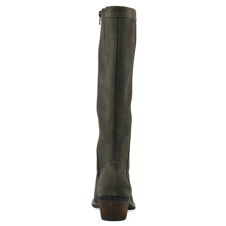 Rear view of an olive-green suede tall boot with a low stacked, dark brown heel, and tapered toe