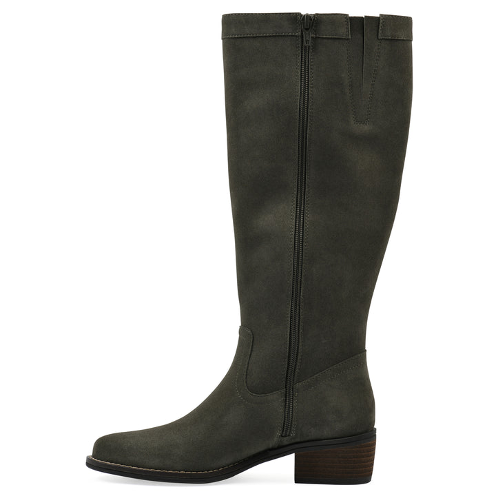 Side zipper view of an olive-green suede tall boot with a low stacked, dark brown heel, and tapered toe