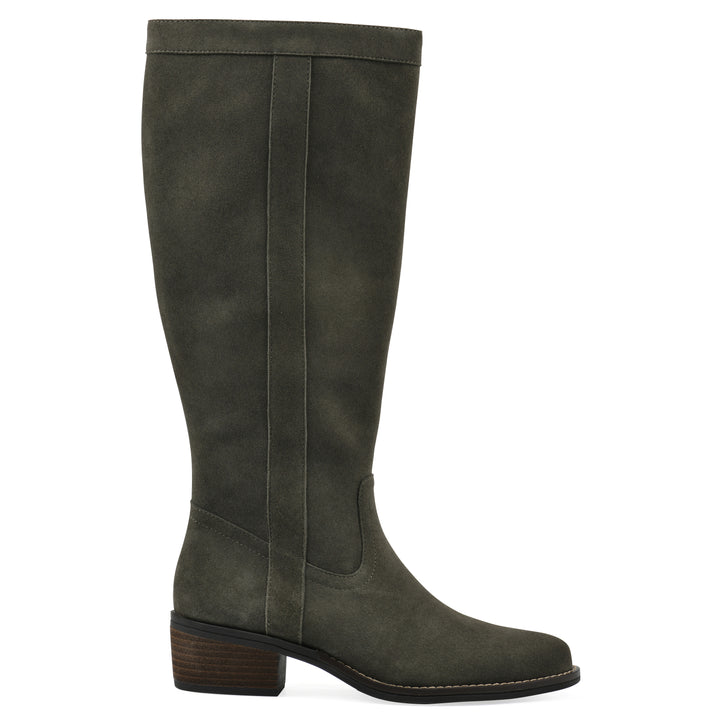 Side view of an olive-green suede tall boot with a low stacked, dark brown heel, and tapered toe