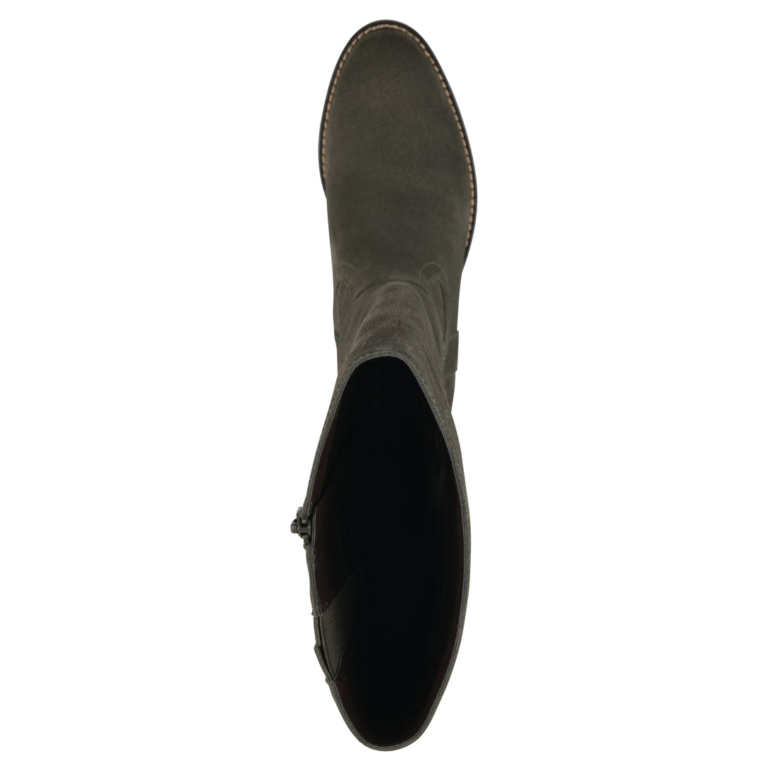Top view of an olive-green suede tall boot with a low stacked, dark brown heel, and tapered toe