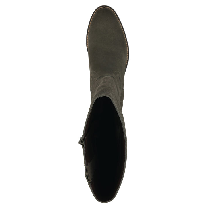 Top view of an olive-green suede tall boot with a low stacked, dark brown heel, and tapered toe