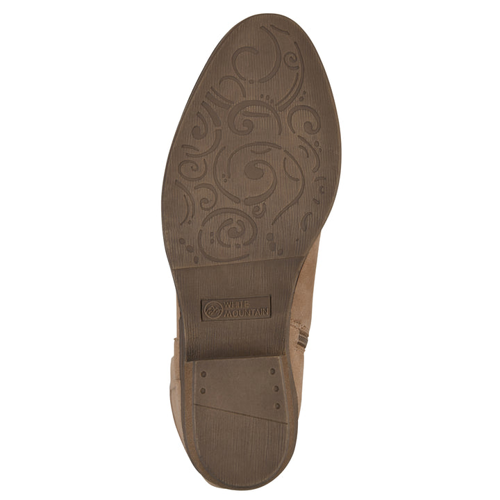 Sole view of a Beachwood suede tall boot with a low stacked, dark brown heel, and tapered toe