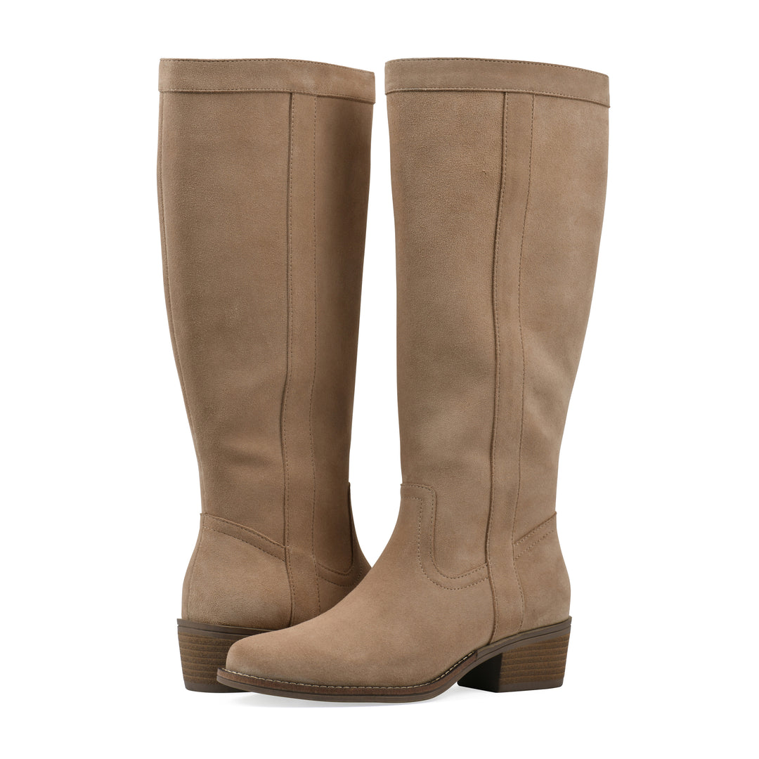 Angle view of a pair of Beachwood suede tall boot with a low stacked, dark brown heel, and tapered toe