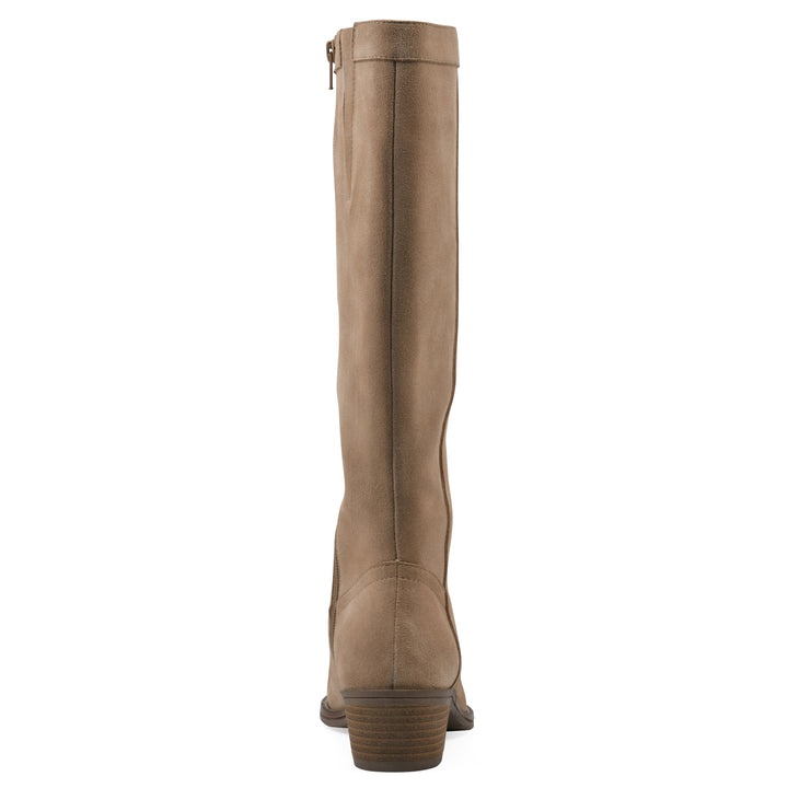Rear view of a Beachwood suede tall boot with a low stacked, dark brown heel, and tapered toe