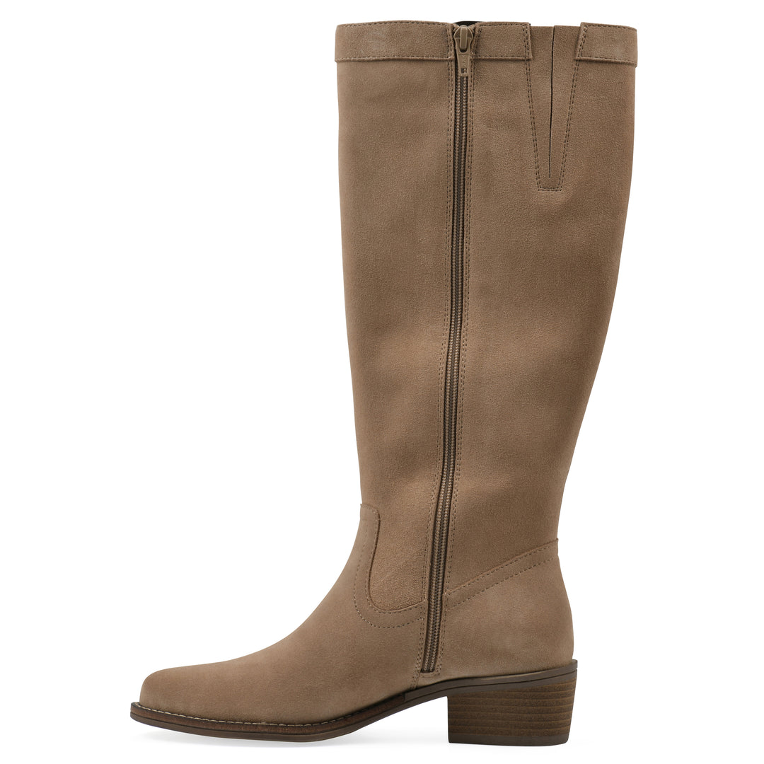 Side zipper view of a Beachwood suede tall boot with a low stacked, dark brown heel, and tapered toe
