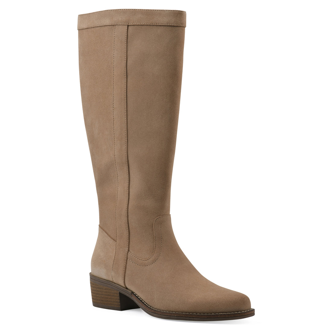 Angle view of a Beachwood suede tall boot with a low stacked, dark brown heel, and tapered toe