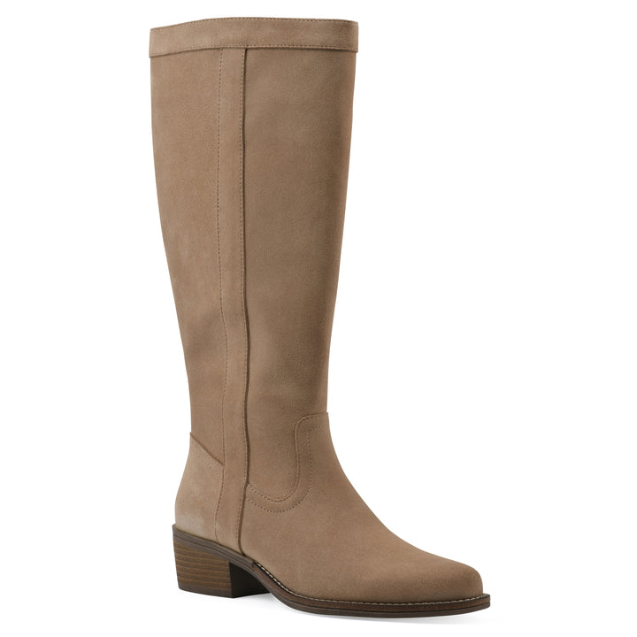 Angle view of a Beachwood suede tall boot with a low stacked, dark brown heel, and tapered toe