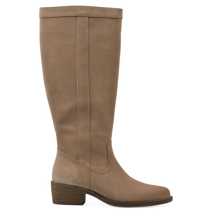 Side view of a Beachwood suede tall boot with a low stacked, dark brown heel, and tapered toe