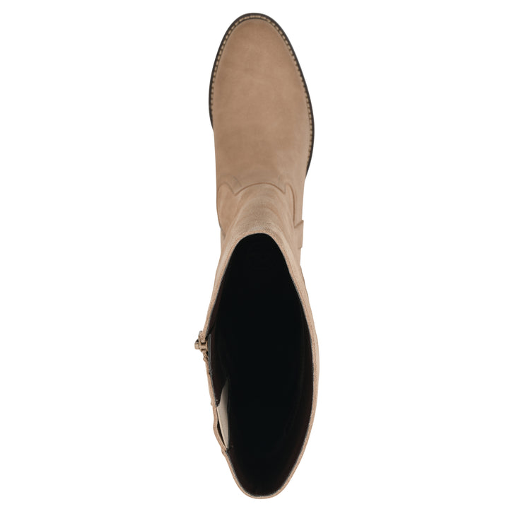 Top view of a Beachwood suede tall boot with a low stacked, dark brown heel, and tapered toe