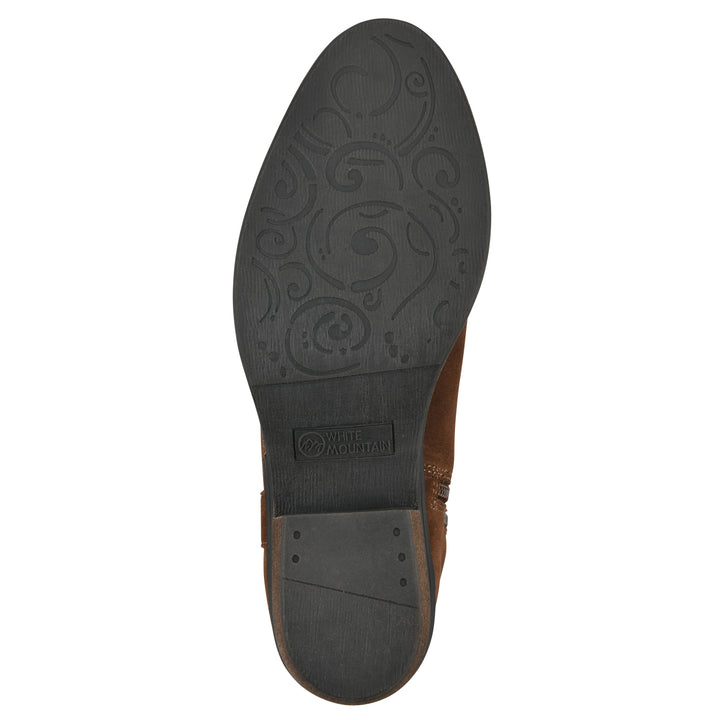 Sole view of a chestnut suede tall boot with a low stacked, dark brown heel, and tapered toe