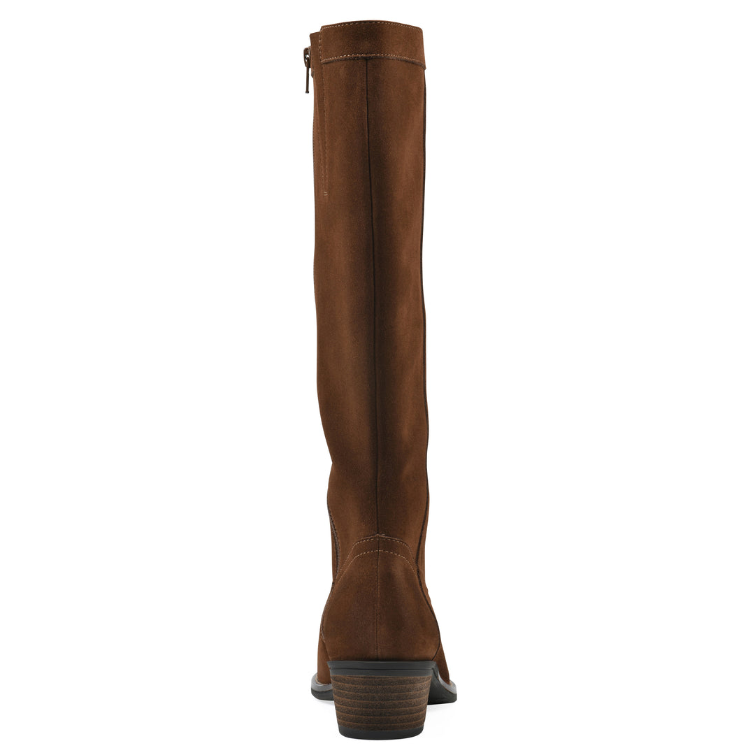 Rear view of a chestnut suede tall boot with a low stacked, dark brown heel, and tapered toe