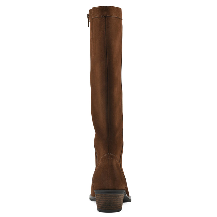Rear view of a chestnut suede tall boot with a low stacked, dark brown heel, and tapered toe