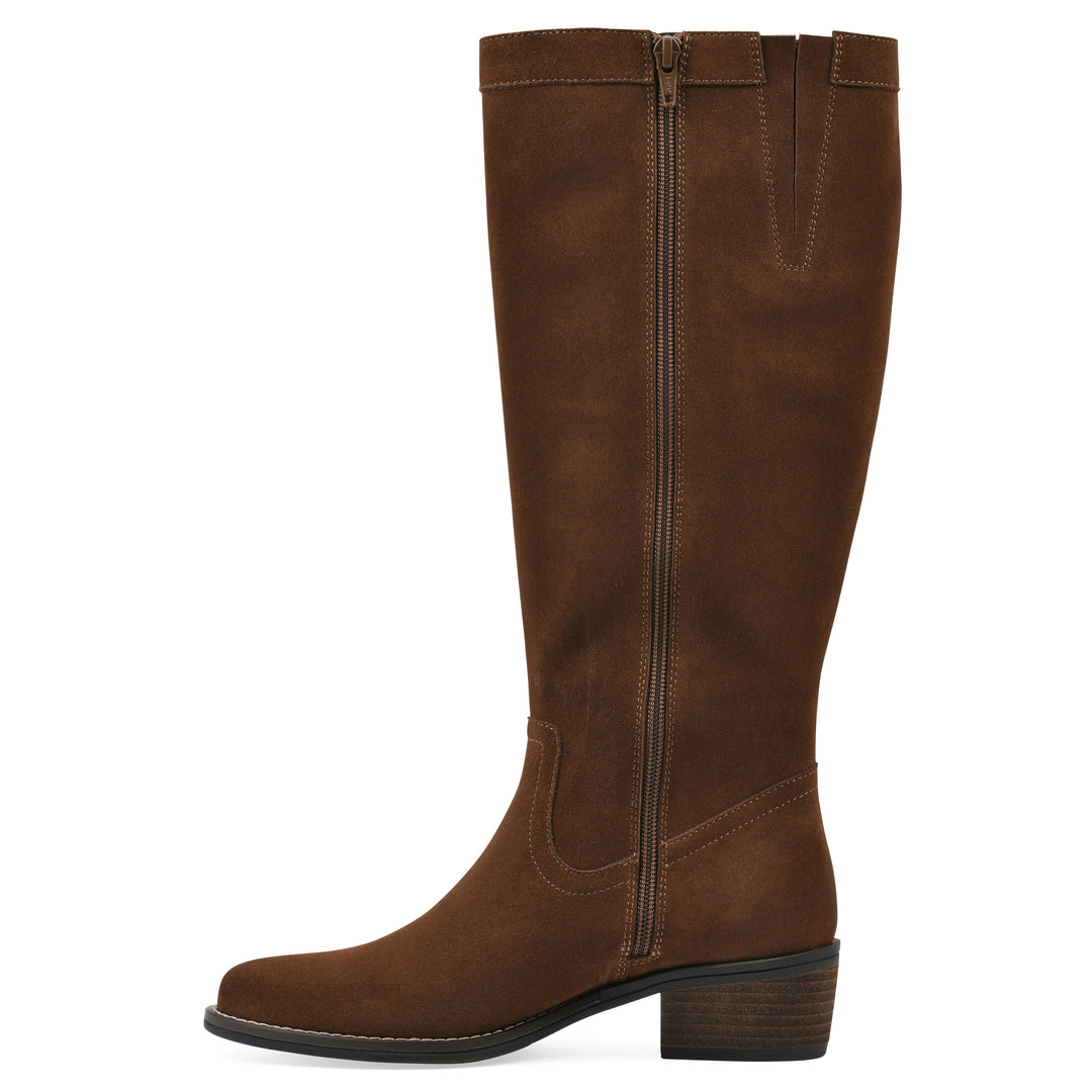 Side zipper view of a chestnut suede tall boot with a low stacked, dark brown heel, and tapered toe