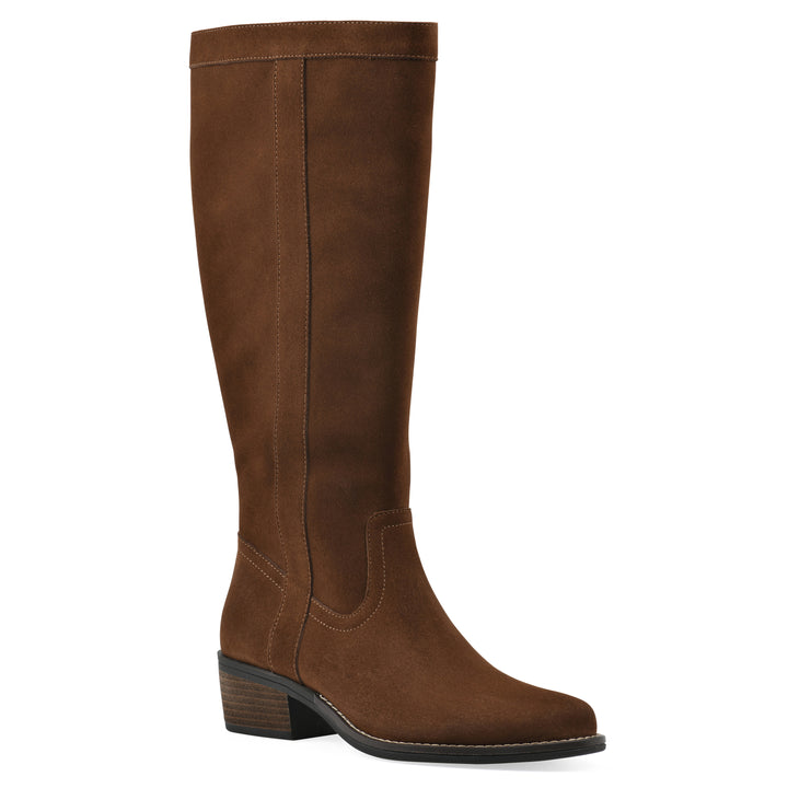 Angle view of a chestnut suede tall boot with a low stacked, dark brown heel, and tapered toe