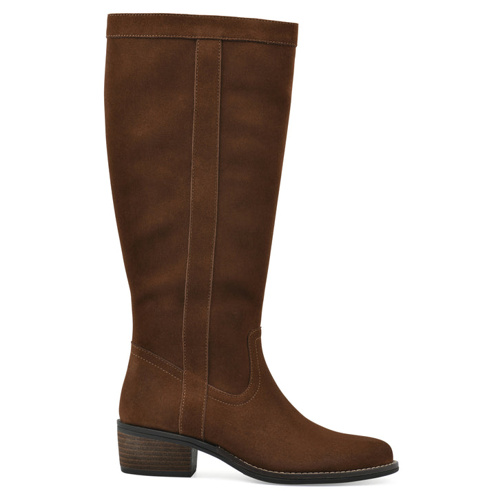 Side view of a chestnut suede tall boot with a low stacked, dark brown heel, and tapered toe