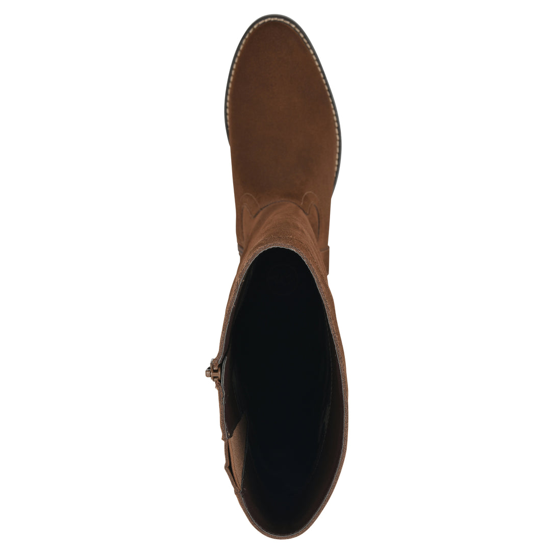 Top view of a chestnut suede tall boot with a low stacked, dark brown heel, and tapered toe