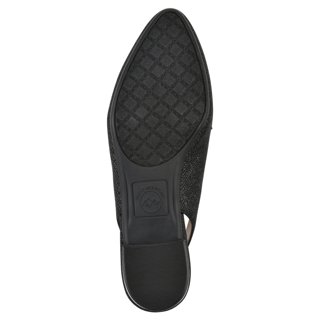 Sole view of a black glitter fabric slingback with gold centered clasp detail and low black heel