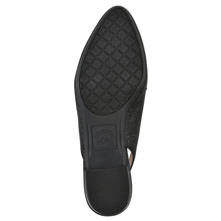 Sole view of a black glitter fabric slingback with gold centered clasp detail and low black heel