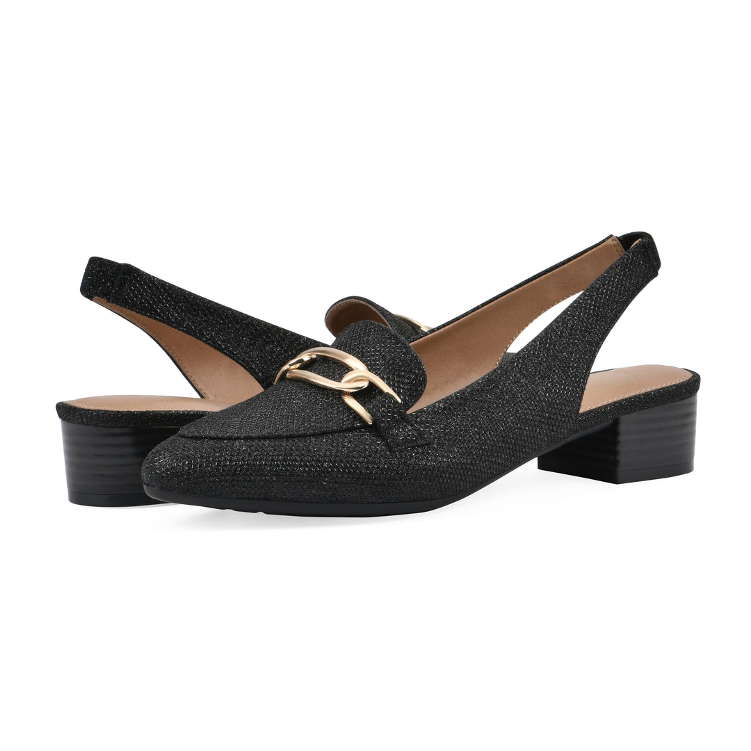Angle view of a pair of black glitter fabric slingbacks with gold centered clasp detail and low black heel