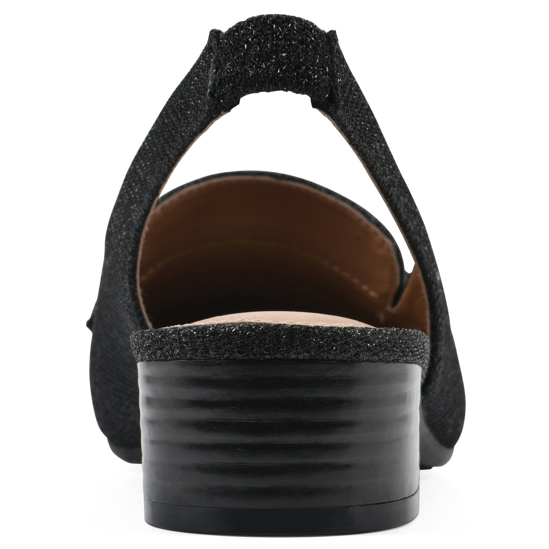 Rear view of a black glitter fabric slingback with gold centered clasp detail and low black heel