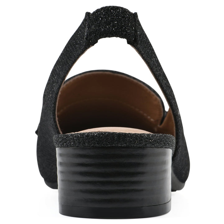 Rear view of a black glitter fabric slingback with gold centered clasp detail and low black heel