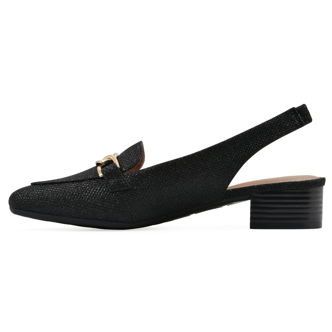 Side view of a black glitter fabric slingback with gold centered clasp detail and low black heel