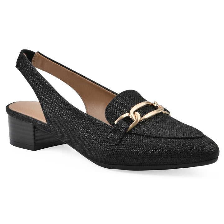 Angle view of a black glitter fabric slingback with gold centered clasp detail and low black heel