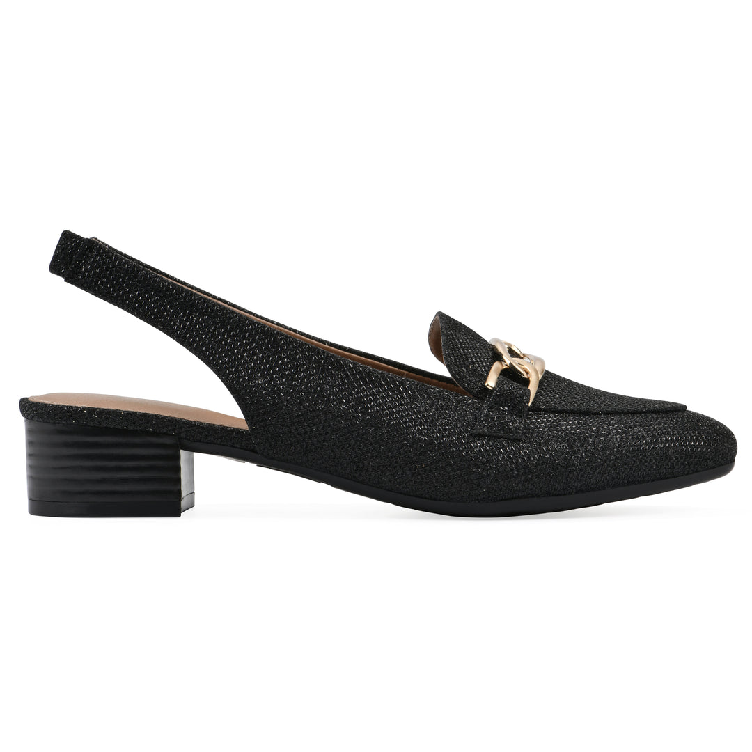 Side view of a black glitter fabric slingback with gold centered clasp detail and low black heel
