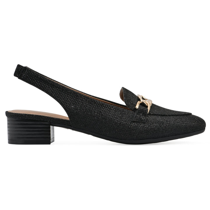 Side view of a black glitter fabric slingback with gold centered clasp detail and low black heel