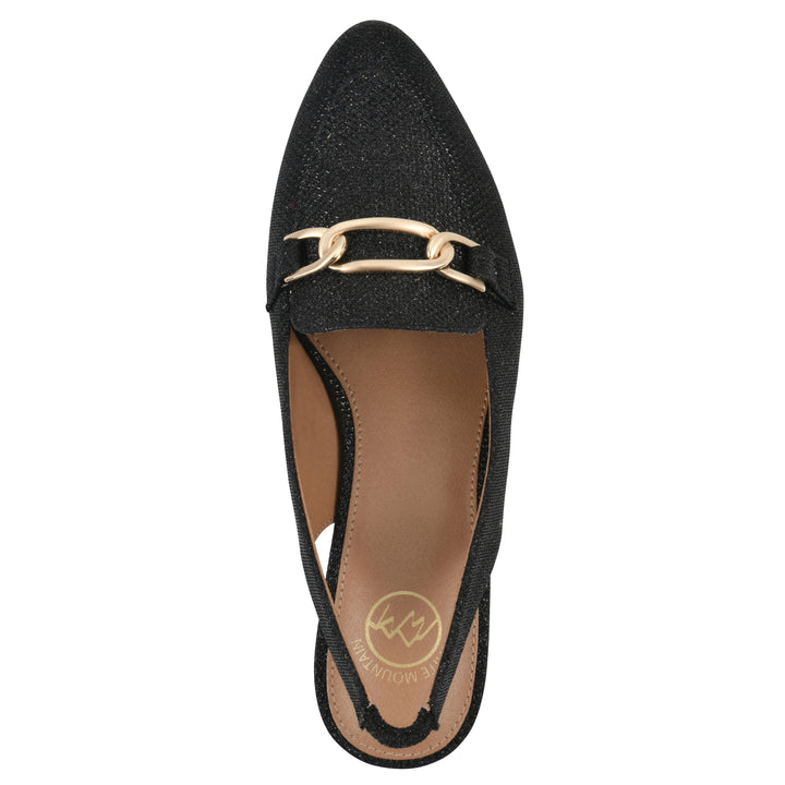 Top view of a black glitter fabric slingback with gold centered clasp detail and low black heel