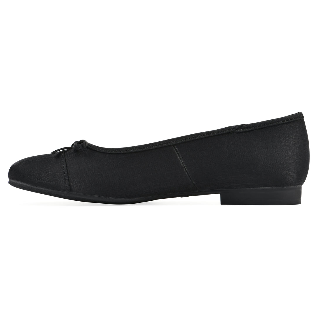 Side view of a black shimmer fabric flat with small, centered black bow and a black sole