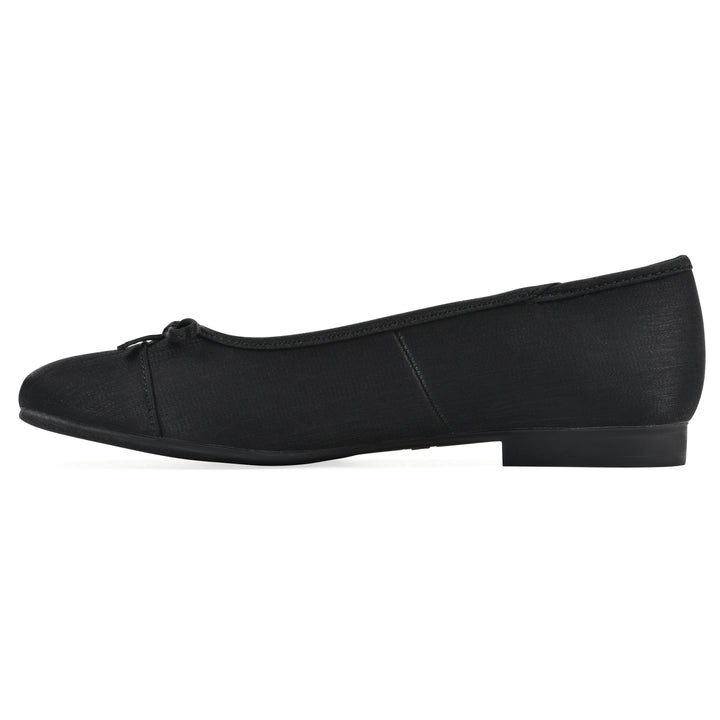 Side view of a black shimmer fabric flat with small, centered black bow and a black sole