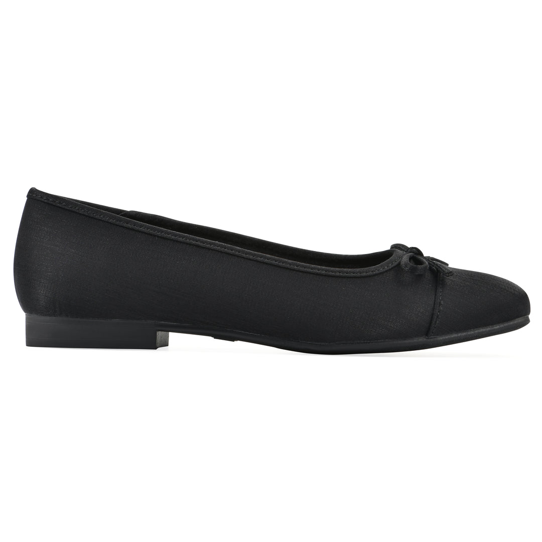 Side view of a black shimmer fabric flat with small, centered black bow and a black sole
