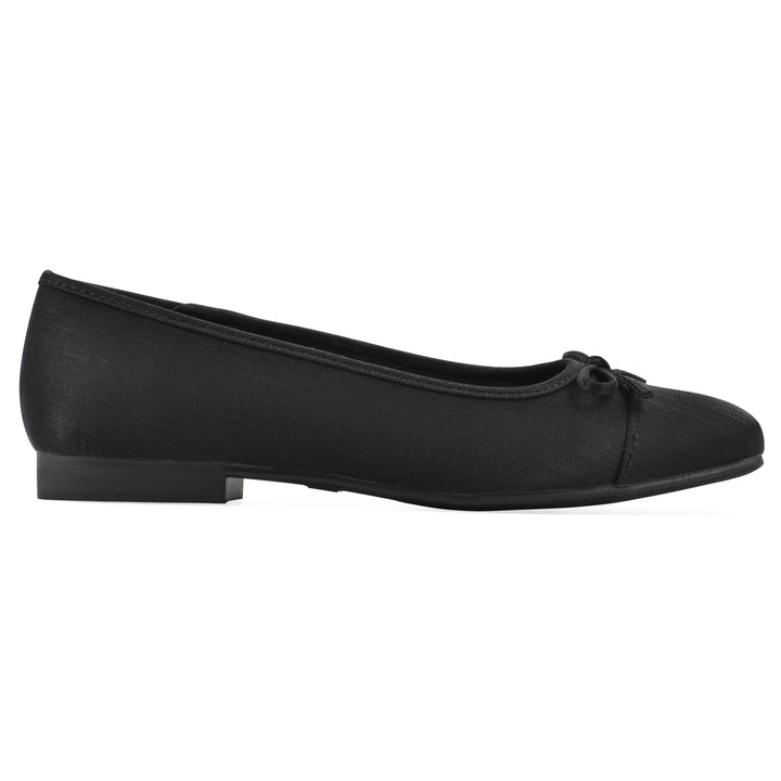 Side view of a black shimmer fabric flat with small, centered black bow and a black sole