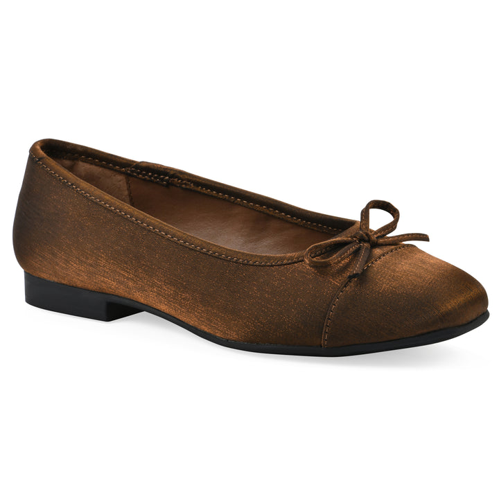 Angle view of a bronze shimmer fabric flat with small, centered black bow and a black sole