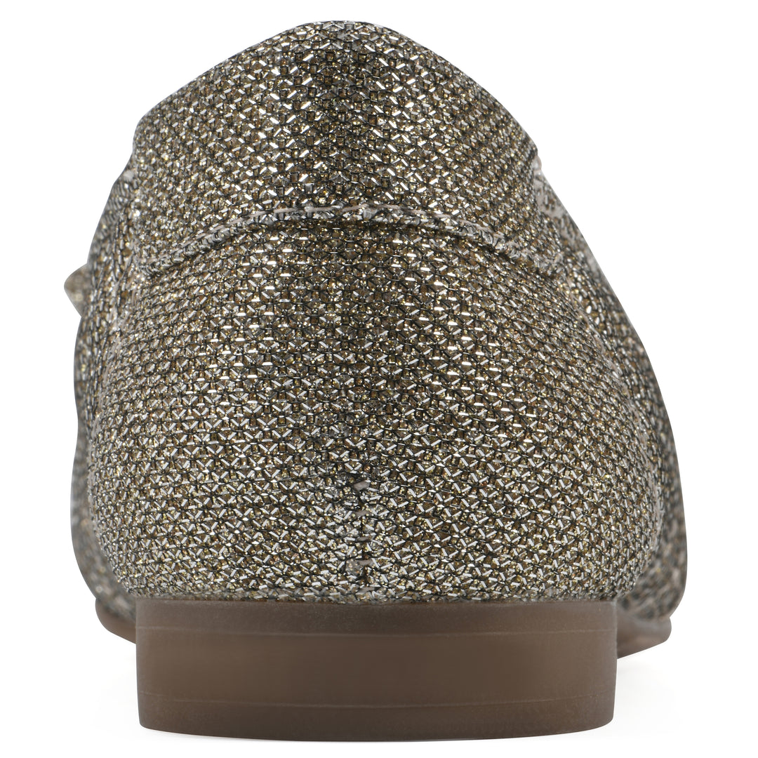 Rear view of a gold glitter quilted pattern flat with small, centered bow and a brown sole