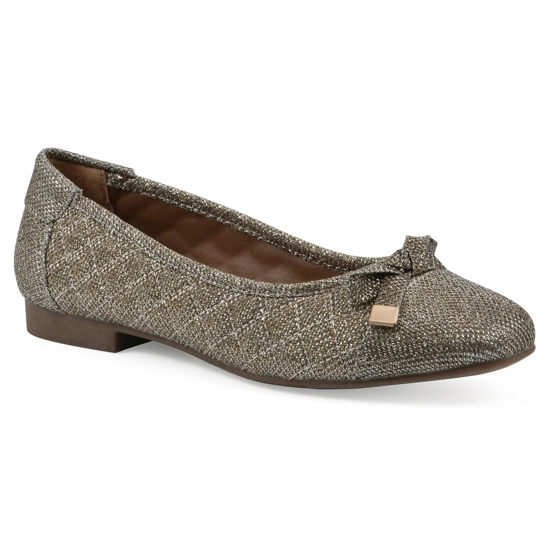 Angle view of a gold glitter quilted pattern flat with small, centered bow and a brown sole