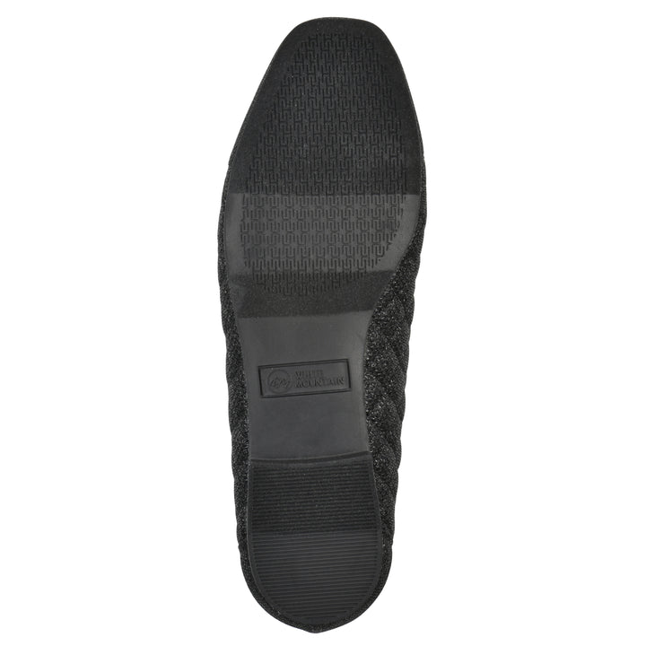 Sole view of a black glitter quilted pattern flat with small, centered bow and a black sole