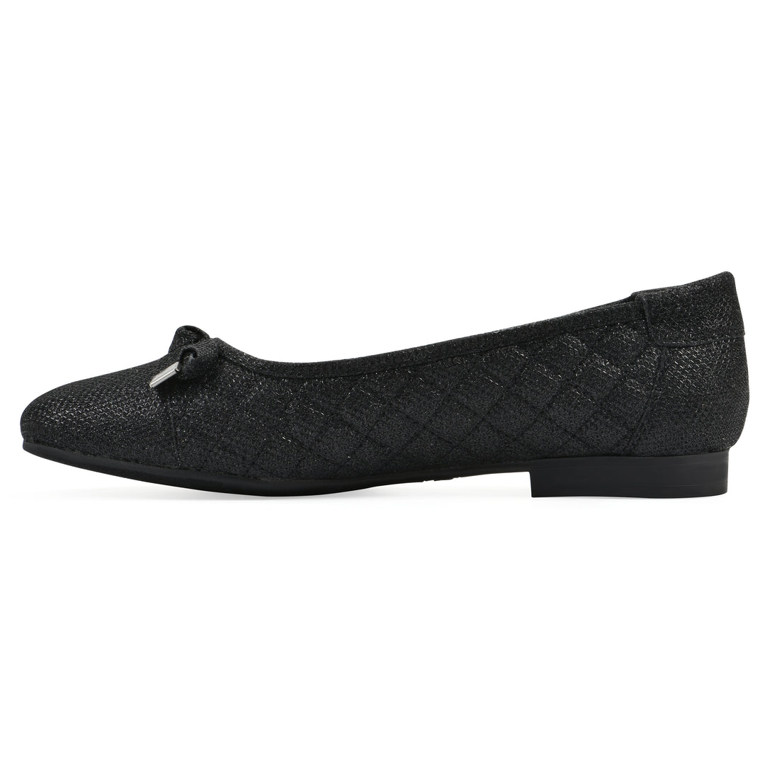 Side view of a black glitter quilted pattern flat with small, centered bow and a black sole