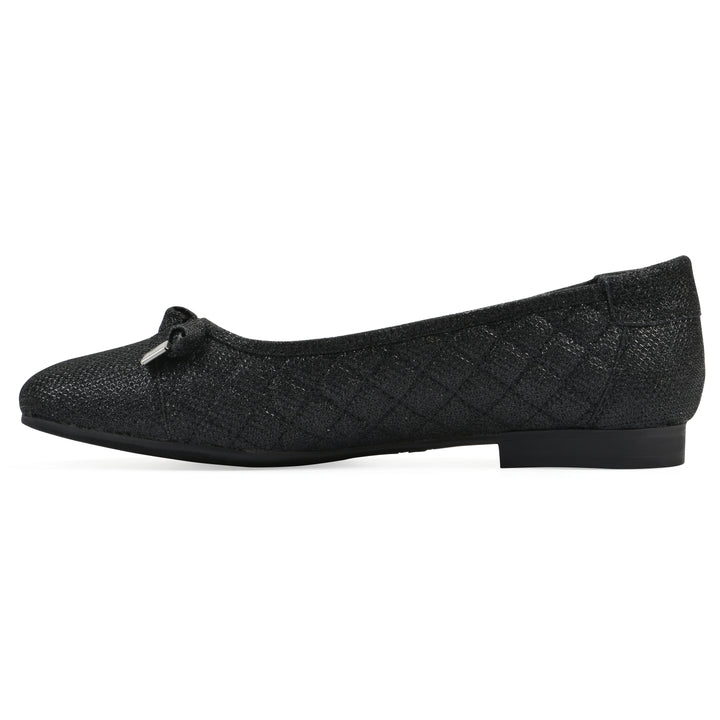 Side view of a black glitter quilted pattern flat with small, centered bow and a black sole