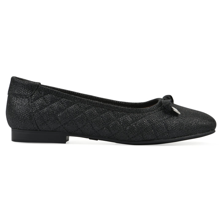Side view of a black glitter quilted pattern flat with small, centered bow and a black sole
