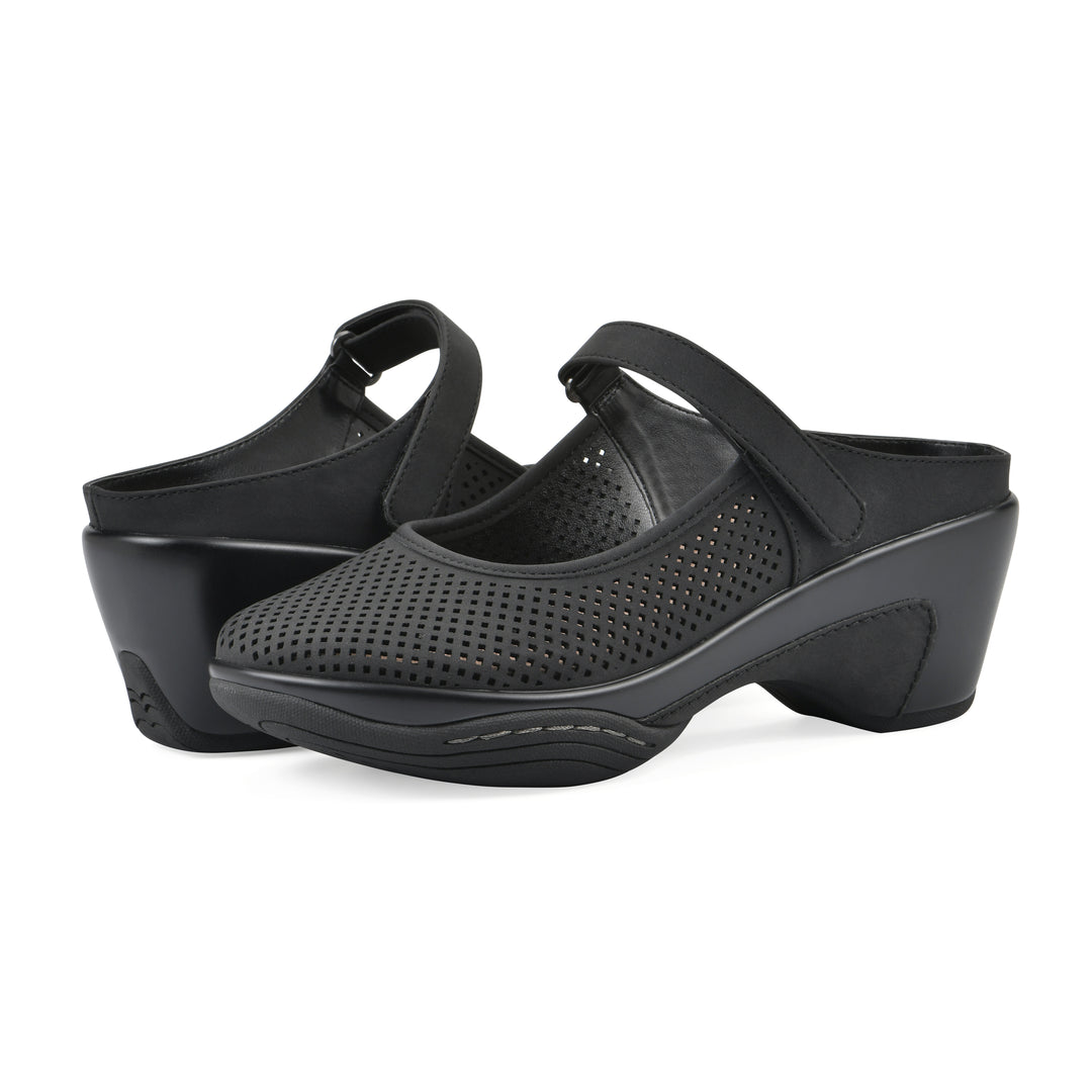 Angel view of a pair of black colored clog with a closed toe and adjustable strap, featuring a perforated diamond design and a low heel.