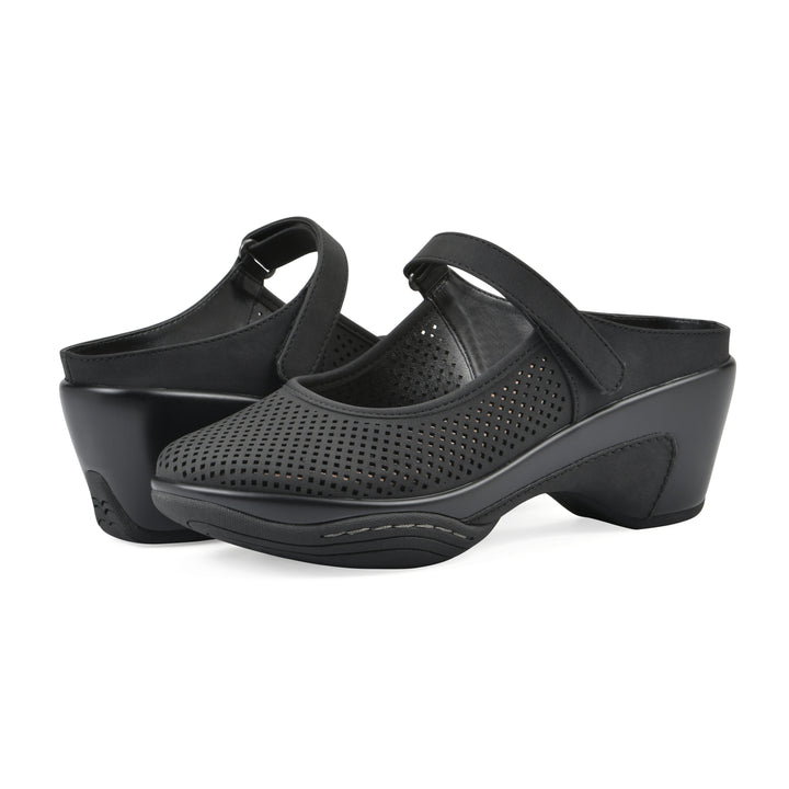 Angel view of a pair of black colored clog with a closed toe and adjustable strap, featuring a perforated diamond design and a low heel.