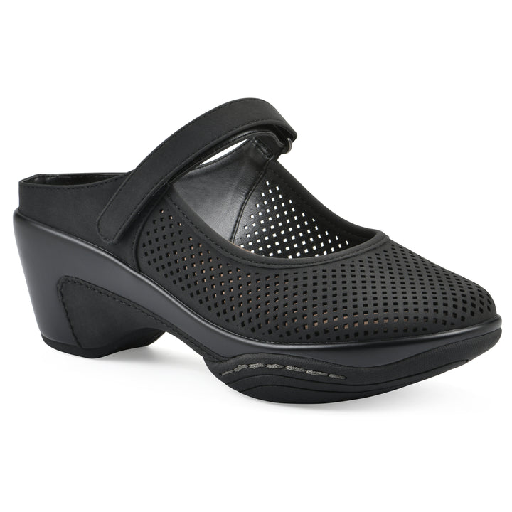 Angel view of a black colored clog with a closed toe and adjustable strap, featuring a perforated diamond design and a low heel.