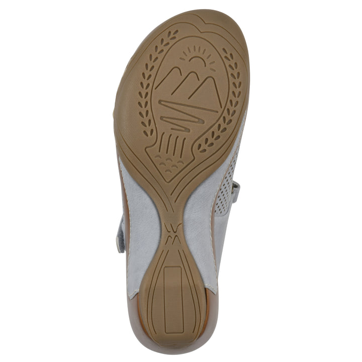 Sole view of a pastel blue colored clog with a closed toe and adjustable strap, featuring a perforated diamond design and a low heel.