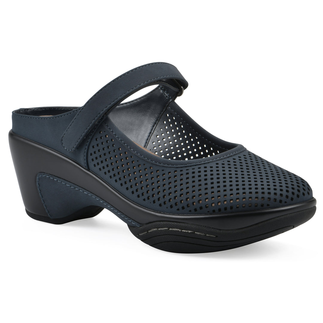 Angel view of a navy-colored clog with a closed toe and adjustable strap, featuring a perforated diamond design and a low heel.
