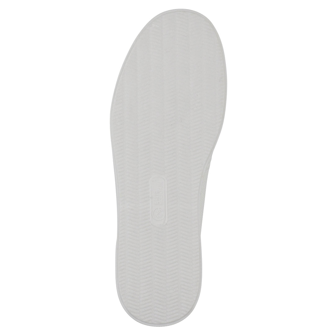 Sole view of a white slip-on sneaker with white sole, and perforated mesh fabric